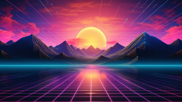Beautiful sunset in the mountains in neon and cyberpunk style