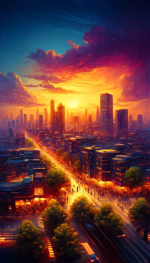 An illustrated cityscape at sunset with radiant skies in shades of orange and blue, tall buildings casting long shadows, and a bustling crowd on the streets below.