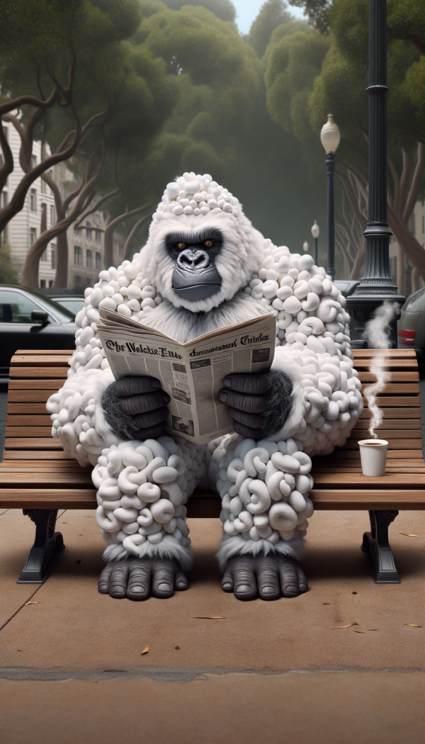 a marshmallows gorilla sitting on a bench reading a newspaper and drinking coffee