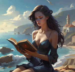 Девушка, книга, море, скалы, город, небо, чайки, безмятежность, покой, мир.