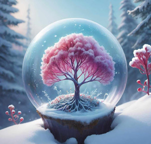 Хрустальный шар, зима, снег, цветущая сакура.